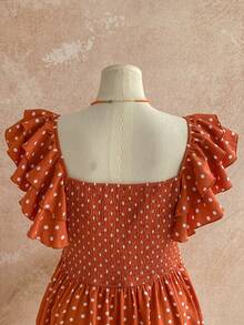 Soleia Plus Size Colorful Printed Fabric Cap Sleeve Sweetheart Neck Bowknot Front A-Line Dress, Suitable For Spring/Summer Vacation Polka Dot - Brown - View 4