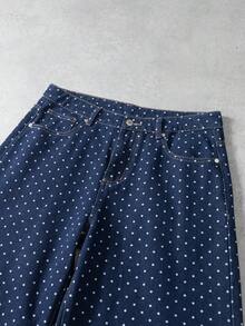 Manfinity Denimwave Men's Streetwear Polka Dot Loose Fit Casual Wide Leg Pants Baggy Washed Blue Party College Distressed Jeans For Unisex Polka Dot Pants - Dark Wash - View 4