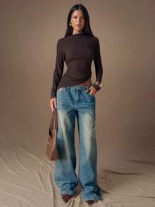 SHEIN BAE Áo thun nữ trơn màu, viền bất đối xứng, thường ngày - màu nâu - Xem 3