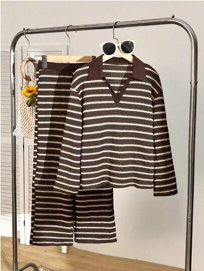 SHEIN Girls Striped Polo Shirt Top & Bottoms 2-Piece Set, Fashionable For Spring/Autumn