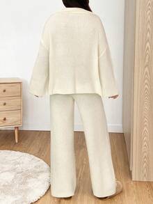 SHEIN EZwear Women's Casual Apricot Zippered Drop Shoulder Sweater And Knitted Pants Sweater Two Pieces Suit, Autumn And Winter, Fall,Fall,Fall Clothes For Women