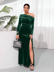 SHEIN Belle Đầm dài tay xẻ tà cao cổ lệch màu trơn - Màu xanh lá cây đậm - Xem 6