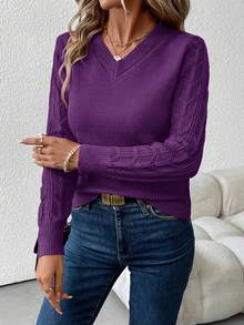 SHEIN Clasi Women's V-Neck Long Sleeve Sweater,Long Sleeve Tops In Fall/Winter,Fall,Fall Clothes For Women - Purple - View 6