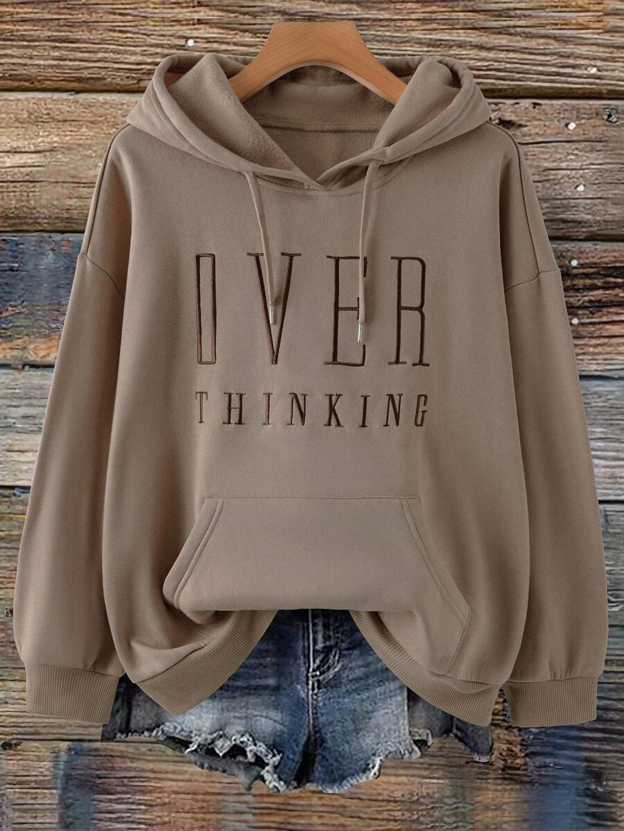 Linhara 大码女式字母刺绣卫衣，休闲宽松复古美式风格卫衣 - 卡其色 - 查看 1