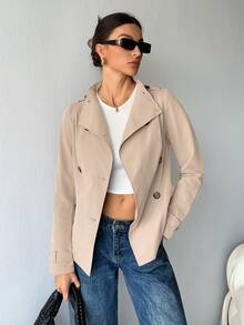 SHEIN Tall 女装秋季新款立领长袖双排扣收腰风衣，适合日常街头穿着 - 卡其色 - 查看 7