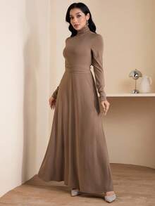 Veilorie Women's Solid Color Stand Collar Raglan Sleeve Waist Cinched Fashionable Arabic Style Dress - Brown - View 4