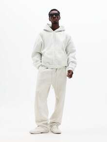 SUMWON Essential Boxy Fit 全拉链连帽衫，带中央口袋和抽绳帽，适合休闲冬季街头服饰，纯色款 - 灰色 - 查看 5