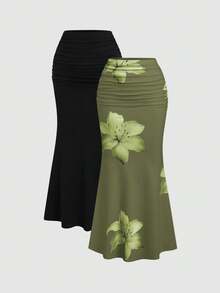 Sweetra 2件套女士优雅派对纯色美人鱼裙和花卉印花裙套装 - 彩色 - 查看 1