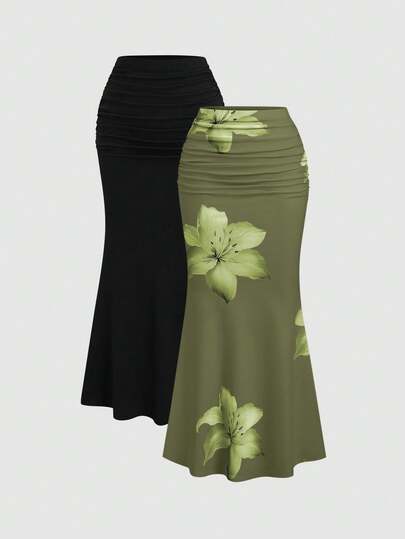 Sweetra 2pcs Women's Elegant Party Solid Color Mermaid Skirt And Floral Print Skirt Set