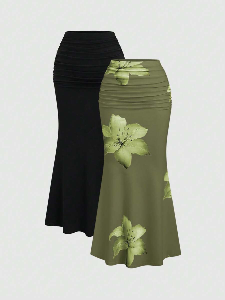 Sweetra 2件套女士优雅派对纯色美人鱼裙和花卉印花裙套装 - 彩色 - 查看 1