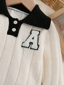 男婴简约百搭新款毛衣，婴儿针织套头衫，时尚贴花刺绣，宽翻领和方领，长袖设计，舒适休闲慵懒氛围，易于搭配工装裤/裤子，适合日常穿着、外出和秋冬旅行 - 白色 - 查看 5