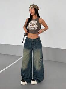 StreetHx Jeans délavés vintage à taille basse et jambes larges pour femmes - Bleu azur - Voir 5