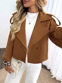 SHEIN LUNE Manteau court trench-coat à double boutonnage, avec patchwork imprimé léopard sur les poignets, pour femmes