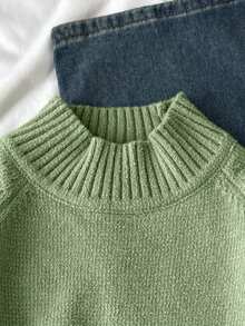 SHEIN كنزة صوفية كروز كبيرة الحجم للبنات، لون أزرق متناسق مع كل الملابس، قماش ناعم، متعددة الاستخدامات للخريف/الشتاء - أخضر - مشاهدة 6