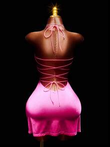 Amplova 女式性感露背迷你连衣裙，正面饰有串珠，秋冬可爱派对装 - 彩色 - 查看 11