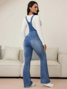 SHEIN EZwear 女式低弹力牛仔喇叭裤 - 深色水洗藍 - 查看 2