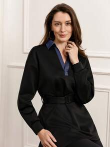 Miaspire Women's Contrast Color Collar Casual Sweatshirt With Air Layer, Autumn/Winter - Black - View 5