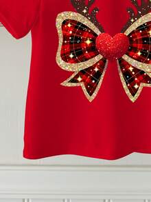 SHEIN Happikins 女童圣诞快乐休闲可爱甜美红色格子蝴蝶结驯鹿圣诞红节日圆领短袖T恤，适合夏季穿着，圣诞图案T恤，图案上衣，轻松舒适的红色图案衬衫，圣诞休闲印花圆领短袖T恤，蝴蝶结红色蝴蝶结T恤 - 彩色 - 查看 5