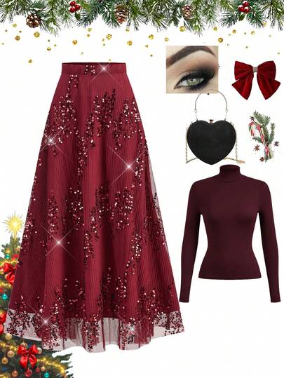 Ellevyn Women's Solid Color Sequin High Waist Elegant Skirt