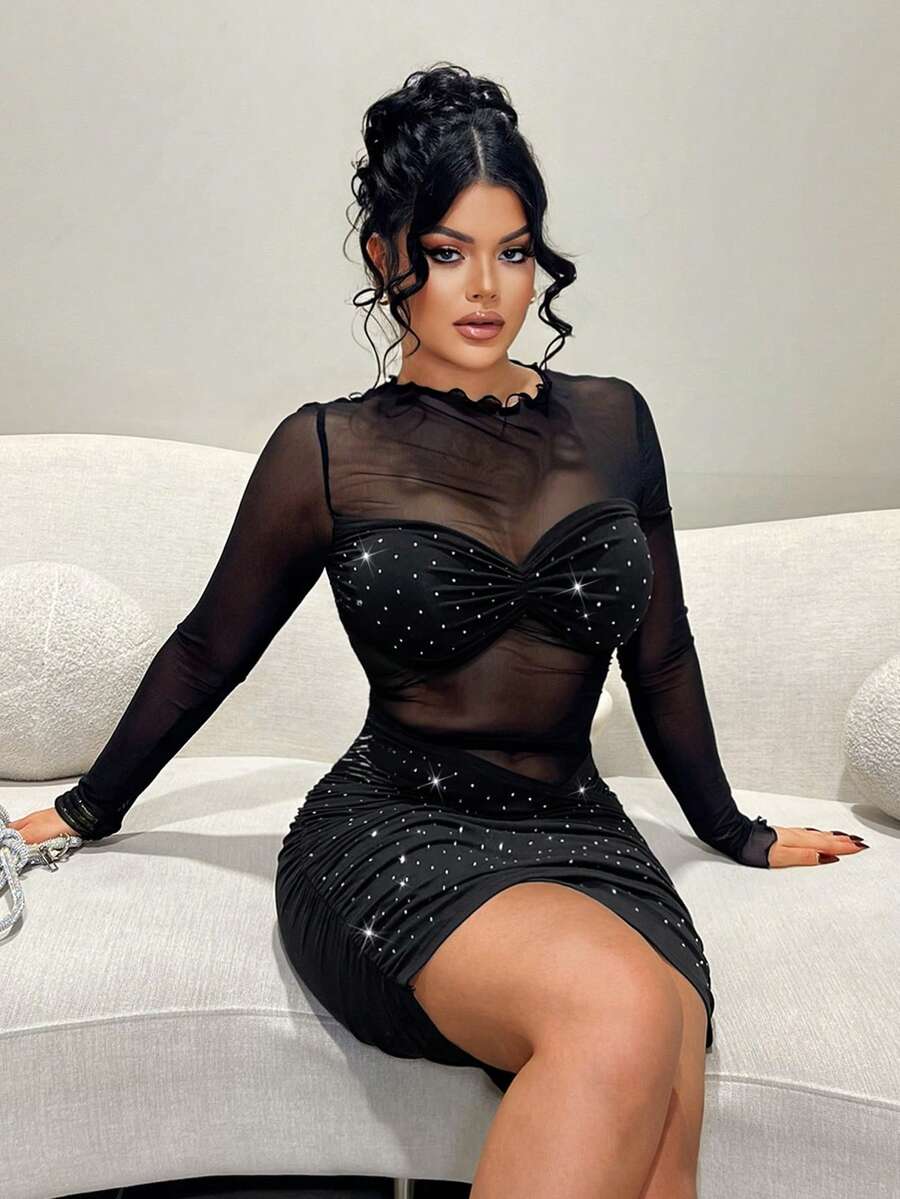 SHEIN SXY 黑色性感菱形网眼派对连衣裙 - 黑色 - 查看 1
