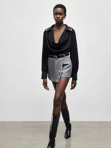 Maija Blusa de manga larga con cuello drapeado y decoración de rhinestones, de corte holgado para mujer