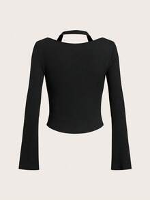 SHEIN EZwear Women's Fall/Winter Y2K Rib Knit 2 In 1 Flare Long Sleeve Tops - Black - View 2