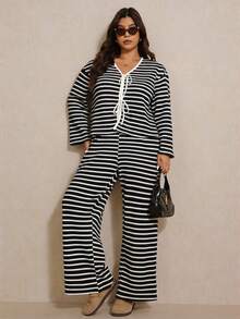 Elaquor Conjunto de 2 piezas de top de manga larga con cuello en V y estampado de rayas, y pantalones de pierna ancha, talla grande - Negro - Ver 5