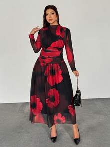 SHEIN Privé Plus Size Black And Red Autumn Elegant Party Cocktail Dress,Floral Mesh Elastic Print,Stand Collar,Shoulder Waist Ruching,Long Sleeve Flared Hem - Multicolor - View 6