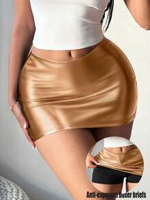 SHEIN SXY 女士休闲性感PU紧身低腰迷你裙，适合秋冬季 - 金色 - 查看 5