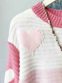 SHEIN 1件女式毛衣，圆领粉色和白色独立心形提花图案，休闲简约风格，短款针织开衫，常规厚度，整齐的下摆和袖口，柔软舒适的质地，适合日常穿着、上学、购物、聚会，适合秋冬