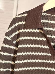 SHEIN Girls Striped Polo Shirt Top & Bottoms 2-Piece Set, Fashionable For Spring/Autumn - Brown - View 6