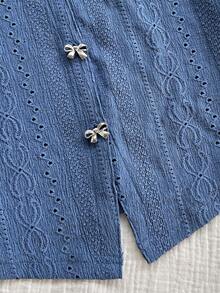 Soleia Casual For Women Women's Casual Vacation Style Schiffy Metallic Bow Decor Short Sleeve Top - Blue - View 4