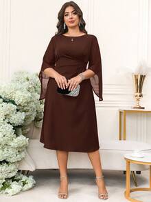 Reflora Vestido elegante de talla grande de unicolor con cuello redondo, mangas medianas y cintura plisada - Marrón - Ver 5