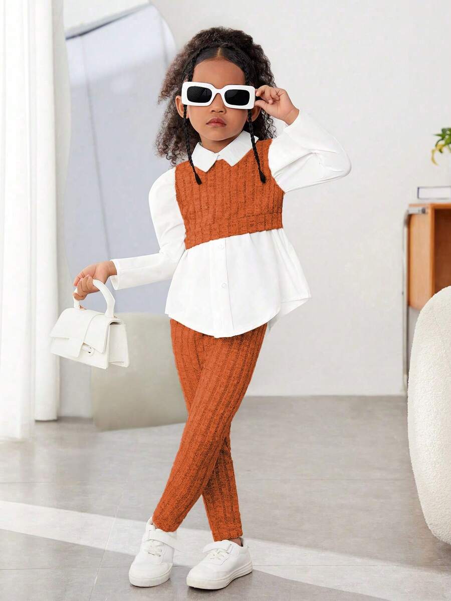SHEIN Sparklyn 2pcs/Set Young Girls' Fashion Casual 2 In 1 Top & Pants Set - Rust Brown - View 1