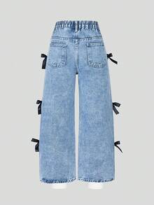 SHEIN ChillGRL 女童 Y2K 风格休闲直筒牛仔裤，带侧蝴蝶结装饰，适合所有季节