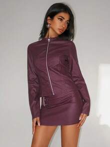 Jeanoix Set de 2 piese pentru femei, jachetă din piele PU cu mânecă lungă și fermoar în față, culoare solidă, și fustă mini bodycon, la modă pentru toamnă