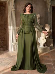 Aureia Plus-Size Elegant Olive Green Winter Formal Evening Formal Dress,Luxurious Sequined Satin Round Collar Gathered Waist Slim Fit Fishtail Hem,Draped - Green - View 4