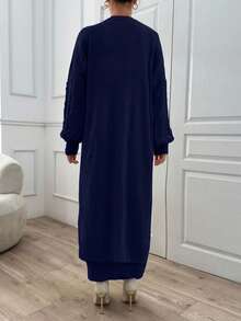EURMUSE Ponpon And Stone Button Detail Maxi Long Cardigan - Navy Blue - View 4