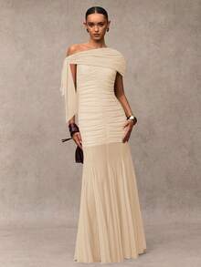 SHEIN BAE Women's Solid Color Asymmetric Shoulder Ruched Fishtail Hem Elegant Dress - Apricot - View 4