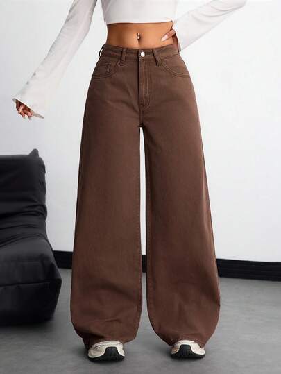 SHEIN Teen Girls' Casual Y2K Comfortable Loose Fit Wide Leg Brown Jeans Fall Winter,For Girls Fall/Winter Dailywear Outfits,Girls Streetwear Outfits,Halloween Outfits,Christmas Outfits,Winter Jeans,Teen Jeans,Brown Pants