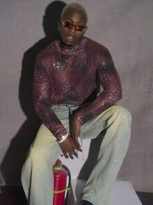 PAVTROS 男士数码网眼豹纹亮片装饰高领长袖T恤，休闲街头风 - 彩色 - 查看 6