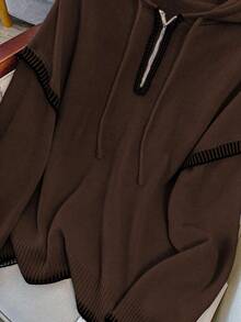 Franclia Plus Size Women Contrast Trim Hooded Half Zip Pullover Sweatshirt - Coffee Brown - View 4