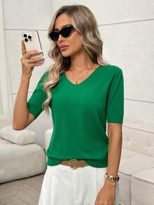 Easowa Solid V Neck Knit Top - Green - View 5