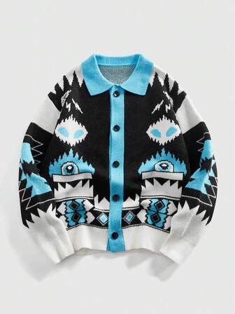 Street Life Men's Cardigan Sweater With Pop Art Surreal Pattern
