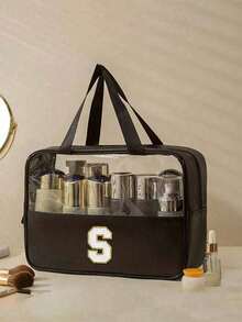 1PC Transparent Letter Toiletry Bag,Fashionable New Square Solid Color Makeup Bag With Embroidery Letters Summer Travel, Vacation Home Bathroom Decor Holiday Makeup Organizer Bathroom Accessories Back To School - Black - View 7