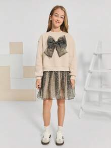 SHEIN Serisse Kids 少女3D豹纹蝴蝶结装饰圆领长袖卫衣裙，搭配全豹纹网纱下摆，适合秋冬季日常穿着 - 杏色 - 查看 7