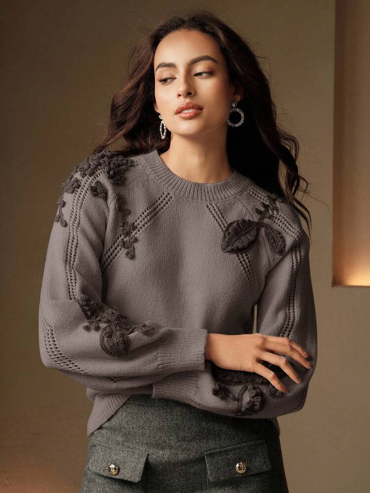 Elegant 3D Floral Hand-Knitted Gray Pullover Sweater For Women, Suitable For Autumn, Winter, Formal Occasions, Parties, Chic, New Year, Christmas, Work, Graduation, Weddings, Holidays