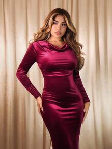 Xyvia Vestido burdeos elegante de mujer con cuello de volantes y decoración de botón de metal, sexy y ajustado, de manga larga, adecuado para fiestas, primavera/otoño - Burdeos - Ver 5