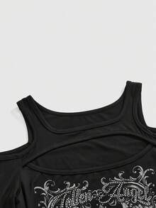 ROMWE Grunge Punk Y2K Sexy Punk Style Wing & Vine Print Rhinestone Embellished Off-Shoulder Long Sleeve Women T-Shirt - Black - View 3