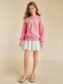Tween Girls' Sweater With Embroidered Bow, Sweet Casual Versatile Daily Wear, Soft & Comfortable Fall Winter